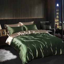 4 Pieces Satin Silk Bedding Set with Fitted Sheets Duvet Cover Sets Summer Solid Color Comforters Covers with 2 Pillowcases