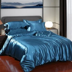 4 Pieces Satin Silk Bedding Set with Fitted Sheets Duvet Cover Sets Summer Solid Color Comforters Covers with 2 Pillowcases