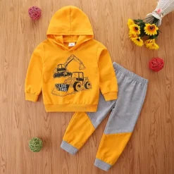 2 Pieces Toddler Boys Hoodie & Sweatpants Set Outfit Car Long Sleeve V Neck Cotton Set School Fashion Daily Spring Fall 3-7 Years Yellow
