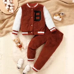 2 Pieces Toddler Boys Hoodie & Sweatpants Set Outfit Letter Long Sleeve Patchwork Set School Fashion Daily Fall Winter 4-7 Years Brown