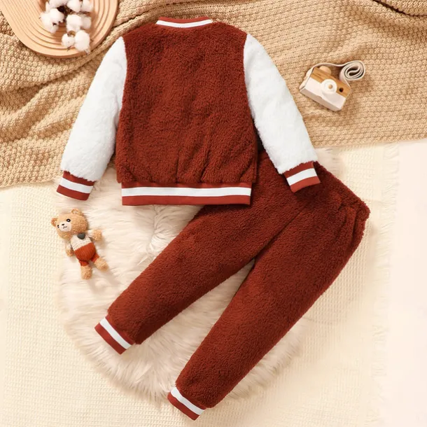 2 Pieces Toddler Boys Hoodie & Sweatpants Set Outfit Letter Long Sleeve Patchwork Set School Fashion Daily Fall Winter 4-7 Years Brown