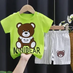 2 Pieces Toddler Boys T-shirt & Shorts Outfit Animal Cartoon Short Sleeve Cotton Set Outdoor Adorable Daily Summer Spring 3-7 Years 3 green teddy bears 9 spectacled bear 13 Stripes Bear