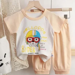 2 Pieces Toddler Boys T-shirt & Shorts Outfit Heart Cartoon Cat Short Sleeve Crewneck Cotton Set Outdoor Fashion Daily Basic Summer Spring 3-7 Years 5-point pants suit--beige cute dog 5-point pants