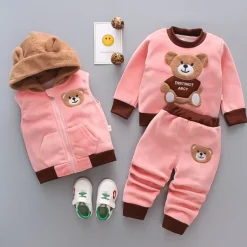 3 Pieces Toddler Girls' Graphic Zipper Pants Suit Set Long Sleeve Active Formal Cotton 3-7 Years Spring Pink Light Brown Khaki