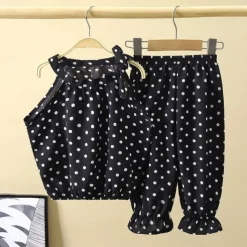 2 Pieces Toddler Girls' Polka Dot Pants Suit Set Sleeveless Daily Casual Cotton 3-7 Years Summer Black White Ivory