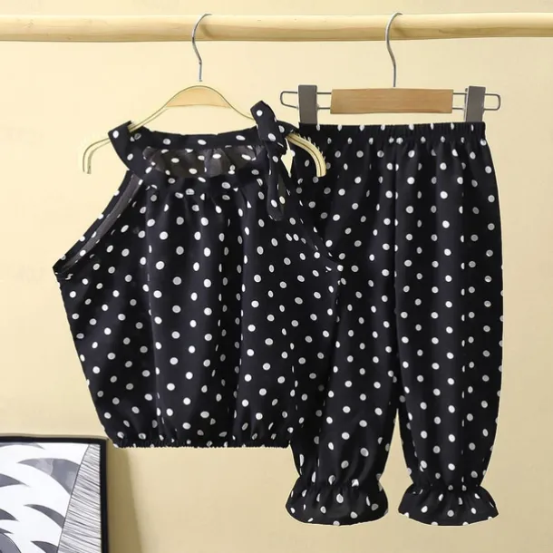 2 Pieces Toddler Girls' Polka Dot Pants Suit Set Sleeveless Daily Casual Cotton 3-7 Years Summer Black White Ivory