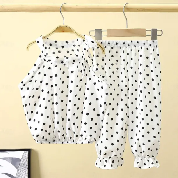 2 Pieces Toddler Girls' Polka Dot Pants Suit Set Sleeveless Daily Casual Cotton 3-7 Years Summer Black White Ivory