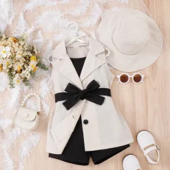 3 Pieces Toddler Girls' Solid Color Dress Set Set Sleeveless Active School 3-7 Years Spring Black Pink Blue