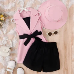 3 Pieces Toddler Girls' Solid Color Dress Set Set Sleeveless Active School 3-7 Years Spring Black Pink Blue