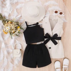 3 Pieces Toddler Girls' Solid Color Dress Set Set Sleeveless Active School 3-7 Years Spring Black Pink Blue