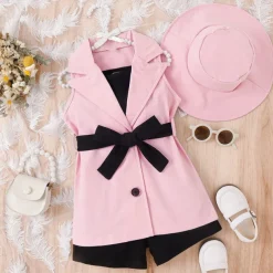 3 Pieces Toddler Girls' Solid Color Dress Set Set Sleeveless Active School 3-7 Years Spring Black Pink Blue