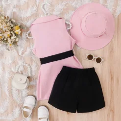 3 Pieces Toddler Girls' Solid Color Dress Set Set Sleeveless Active School 3-7 Years Spring Black Pink Blue