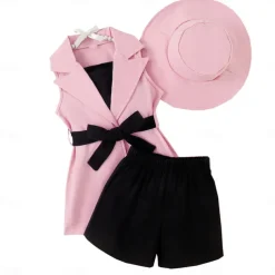 3 Pieces Toddler Girls' Solid Color Dress Set Set Sleeveless Active School 3-7 Years Spring Black Pink Blue