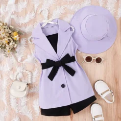 3 Pieces Toddler Girls' Solid Color Dress Set Set Sleeveless Active School 3-7 Years Spring Black Pink Blue