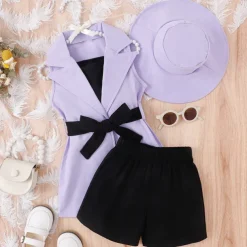 3 Pieces Toddler Girls' Solid Color Dress Set Set Sleeveless Active School 3-7 Years Spring Black Pink Blue