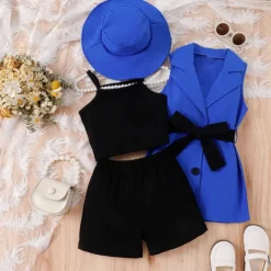 3 Pieces Toddler Girls' Solid Color Dress Set Set Sleeveless Active School 3-7 Years Spring Black Pink Blue