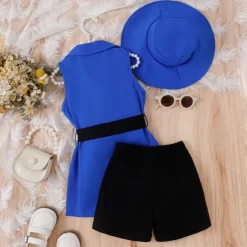 3 Pieces Toddler Girls' Solid Color Dress Set Set Sleeveless Active School 3-7 Years Spring Black Pink Blue