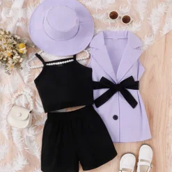 3 Pieces Toddler Girls' Solid Color Dress Set Set Sleeveless Active School 3-7 Years Spring Black Pink Blue