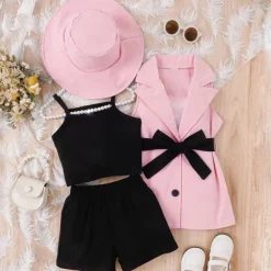 3 Pieces Toddler Girls' Solid Color Dress Set Set Sleeveless Active School 3-7 Years Spring Black Pink Blue