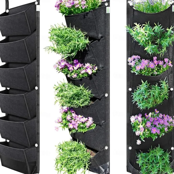 6 Pockets Hanging Planter Bags, Vertical Felt Fabric Nursery Bags, Grow Bag For Vegetable, Garden Supplies