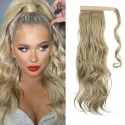 22 Ponytail Extension Long Dirty Blonde Pony Tail Wrap Around Clip in Hair Extensions Curly Wavy Synthetic High Resistant Fiber Fake Hairpiece for White Women