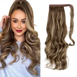 22 Ponytail Extension Long Dirty Blonde Pony Tail Wrap Around Clip in Hair Extensions Curly Wavy Synthetic High Resistant Fiber Fake Hairpiece for White Women