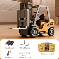 1/64 RC Forklift Toy 7 Channel 2 Mode Mini Remote Control Forklift Truck with Rechargeable Battery, 2 in 1 Transformable Lift Fork & Hook with Lights & Sounds for Adults Kids Boys and Girls