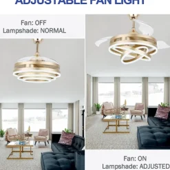 42'' Retractable Ceiling Fans with Lights and Remote,Modern LED Semi Flush Fan Light,Retractable Geometric Ceiling Fan 3 Color 6 Speed Smart Pendant Light for Indoor Bedroom,Dining Room etc