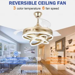 42'' Retractable Ceiling Fans with Lights and Remote,Modern LED Semi Flush Fan Light,Retractable Geometric Ceiling Fan 3 Color 6 Speed Smart Pendant Light for Indoor Bedroom,Dining Room etc