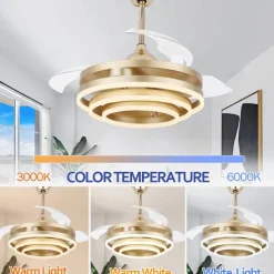 42'' Retractable Ceiling Fans with Lights and Remote,Modern LED Semi Flush Fan Light,Retractable Geometric Ceiling Fan 3 Color 6 Speed Smart Pendant Light for Indoor Bedroom,Dining Room etc