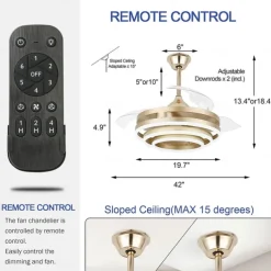 42'' Retractable Ceiling Fans with Lights and Remote,Modern LED Semi Flush Fan Light,Retractable Geometric Ceiling Fan 3 Color 6 Speed Smart Pendant Light for Indoor Bedroom,Dining Room etc