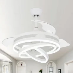 42'' Retractable Ceiling Fans with Lights and Remote,Modern LED Semi Flush Fan Light,Retractable Geometric Ceiling Fan 3 Color 6 Speed Smart Pendant Light for Indoor Bedroom,Dining Room etc