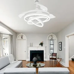 42'' Retractable Ceiling Fans with Lights and Remote,Modern LED Semi Flush Fan Light,Retractable Geometric Ceiling Fan 3 Color 6 Speed Smart Pendant Light for Indoor Bedroom,Dining Room etc