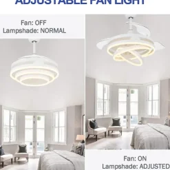 42'' Retractable Ceiling Fans with Lights and Remote,Modern LED Semi Flush Fan Light,Retractable Geometric Ceiling Fan 3 Color 6 Speed Smart Pendant Light for Indoor Bedroom,Dining Room etc