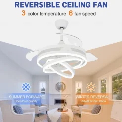 42'' Retractable Ceiling Fans with Lights and Remote,Modern LED Semi Flush Fan Light,Retractable Geometric Ceiling Fan 3 Color 6 Speed Smart Pendant Light for Indoor Bedroom,Dining Room etc