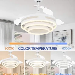42'' Retractable Ceiling Fans with Lights and Remote,Modern LED Semi Flush Fan Light,Retractable Geometric Ceiling Fan 3 Color 6 Speed Smart Pendant Light for Indoor Bedroom,Dining Room etc