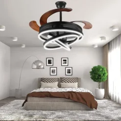42'' Retractable Ceiling Fans with Lights and Remote,Modern LED Semi Flush Fan Light,Retractable Geometric Ceiling Fan 3 Color 6 Speed Smart Pendant Light for Indoor Bedroom,Dining Room etc