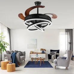 42'' Retractable Ceiling Fans with Lights and Remote,Modern LED Semi Flush Fan Light,Retractable Geometric Ceiling Fan 3 Color 6 Speed Smart Pendant Light for Indoor Bedroom,Dining Room etc