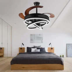 42'' Retractable Ceiling Fans with Lights and Remote,Modern LED Semi Flush Fan Light,Retractable Geometric Ceiling Fan 3 Color 6 Speed Smart Pendant Light for Indoor Bedroom,Dining Room etc