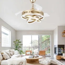 42'' Retractable Ceiling Fans with Lights and Remote,Modern LED Semi Flush Fan Light,Retractable Geometric Ceiling Fan 3 Color 6 Speed Smart Pendant Light for Indoor Bedroom,Dining Room etc