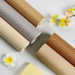 1 Roll Chinese Style Imitation Grass Cloth Woven Wallpaper for Restaurants Cafes Hotels Decorative Wallpapers Retro Nostalgic 3D Imitation Bamboo Linen Wallpaper Non Self-adhesive 950x53cm/374x20inch