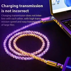 180° Rotatable RGB Lighting Charging Cable 6A 120W Super Fast Charging Cable USB A RGB Gradient Charge Line for Iphone HUAWEI Xiaomi