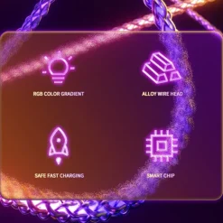 180° Rotatable RGB Lighting Charging Cable 6A 120W Super Fast Charging Cable USB A RGB Gradient Charge Line for Iphone HUAWEI Xiaomi