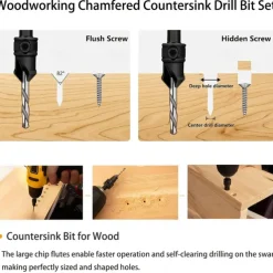 1 Set, Countersink Drill Bit Set, 6pcs Free Replaceable HSS Drill Bits For Wood Quick-Change Chamfered Adjustable Drilling Tool Kit On Pilot Counter Sink Holes For Woodworking