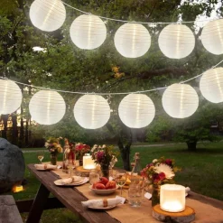 12" Solar Paper Lanterns Powered Lanterns Waterproof Outdoor Nylon Cloth Paper Lantern Lamps Garden Hanging