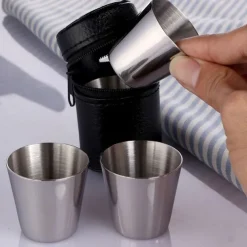 4 Stainless Steel Shot Cups Drinking Vessel with Black Leather Carrying Case (30ml) Outdoor Camping Travel Unbreakable Metal Shooters for Whiskey Tequila Liquor Great Barware Gift