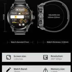 696 T99 Smart Watch 1.8 inch Smart Band Fitness Bracelet Bluetooth Pedometer Call Reminder Sleep Tracker Compatible with Android iOS Men Hands-Free Calls Message Reminder Custom Watch Face IP 67 57mm