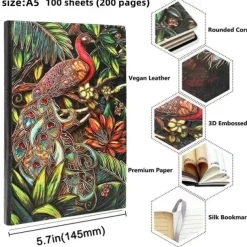 8 Types Embossed Leather Journal Diary Business Notebook Agenda Antique Handmade Relief Notebook Phoenix Immortal Bird Travel Notebook Agenda Book Gift for Friends Size A5 (8.4x5x0.7 Inches)