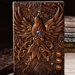8 Types Embossed Leather Journal Diary Business Notebook Agenda Antique Handmade Relief Notebook Phoenix Immortal Bird Travel Notebook Agenda Book Gift for Friends Size A5 (8.4x5x0.7 Inches)
