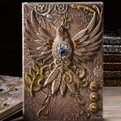 8 Types Embossed Leather Journal Diary Business Notebook Agenda Antique Handmade Relief Notebook Phoenix Immortal Bird Travel Notebook Agenda Book Gift for Friends Size A5 (8.4x5x0.7 Inches)
